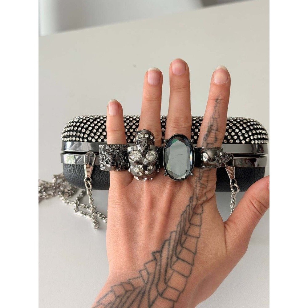 Skull Knuckle Duster Clutch Rhinestone Crystal Black Evening Bag Crossbody - Picture 6 of 6